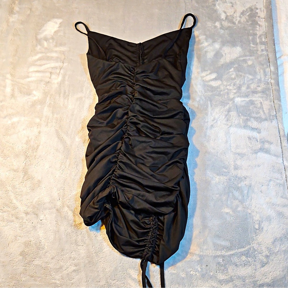 Womens Black Ruched Bodycon V-Neck Spaghetti Strap Mini Dress Stretch Size L
